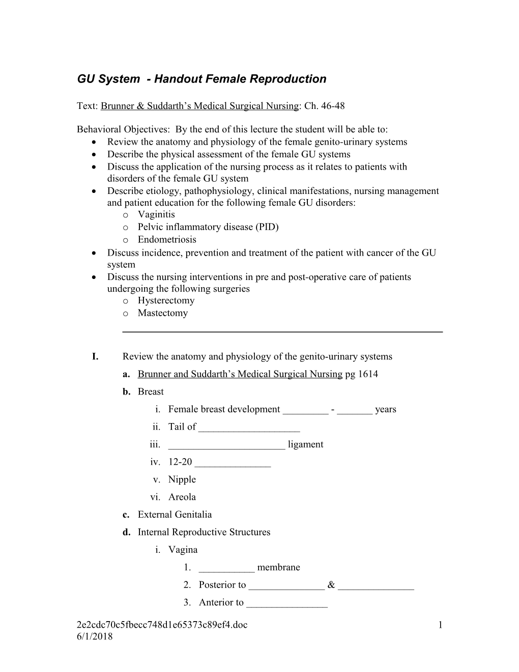 GU System - Handout Female Reproduction