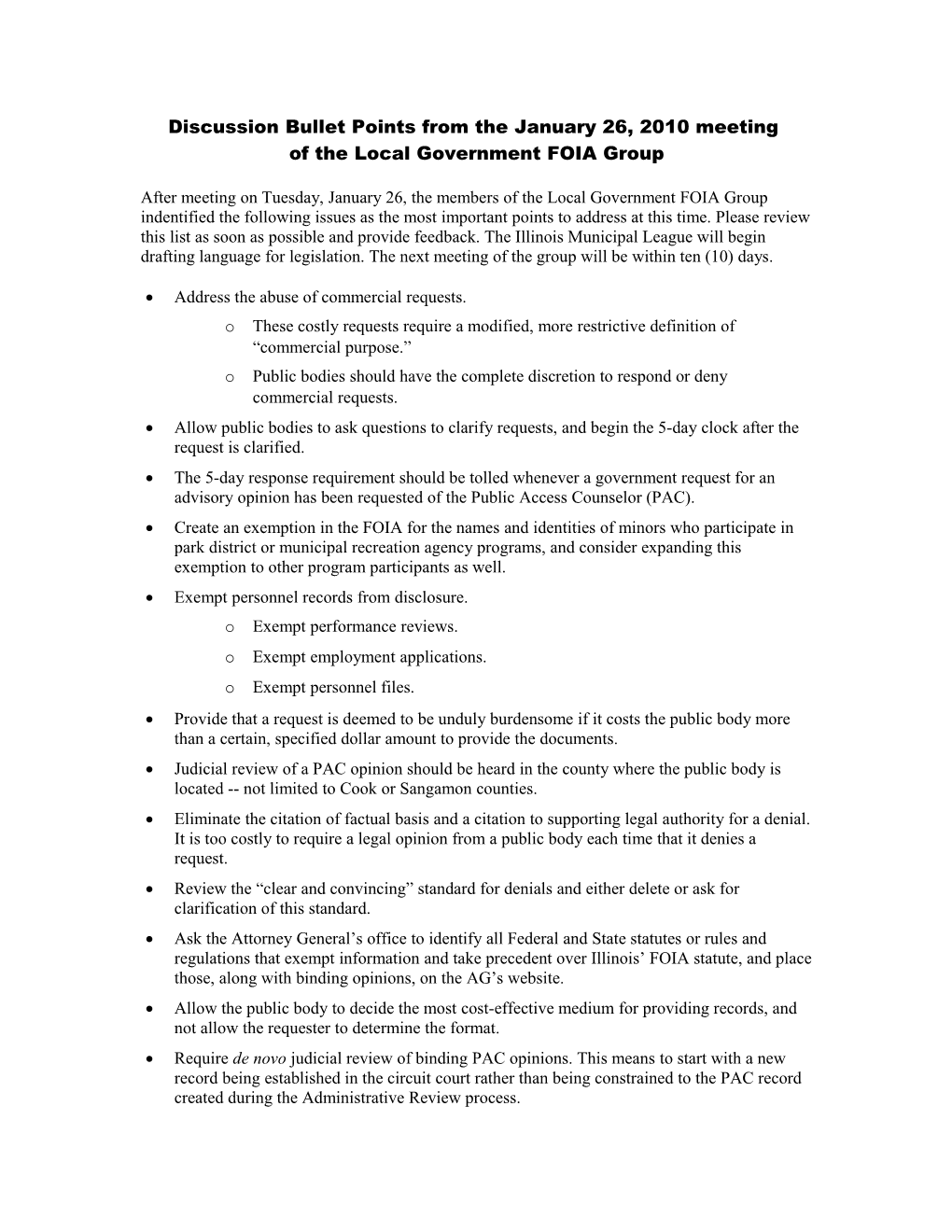 Discussion Bullet Points from the January 26, 2010 Meeting