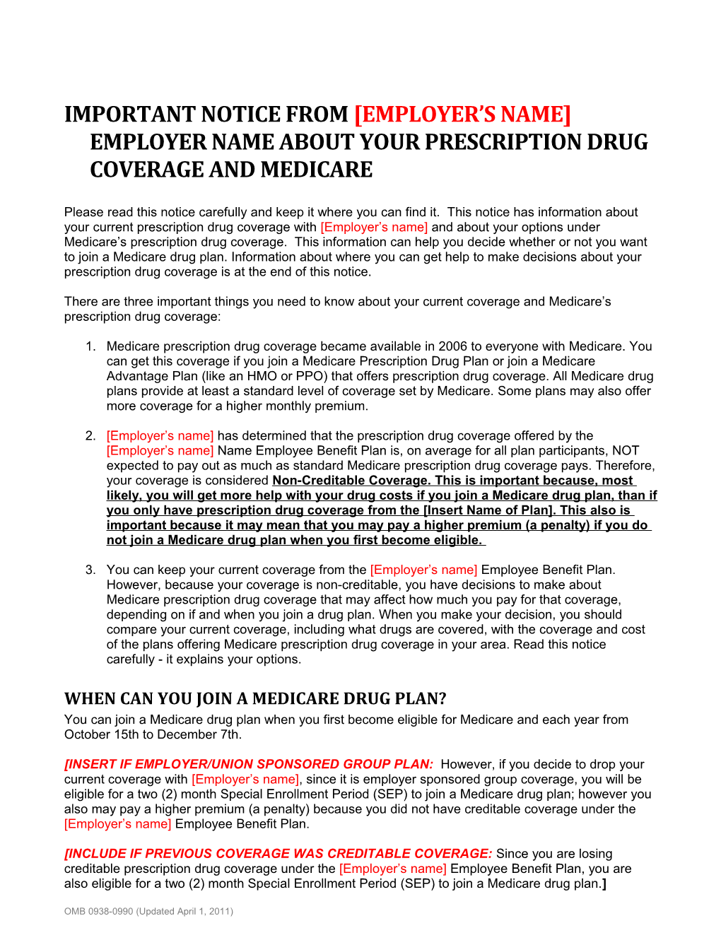 Important Notice from Employer S Name Employer Name About Your Prescription Drug Coverage