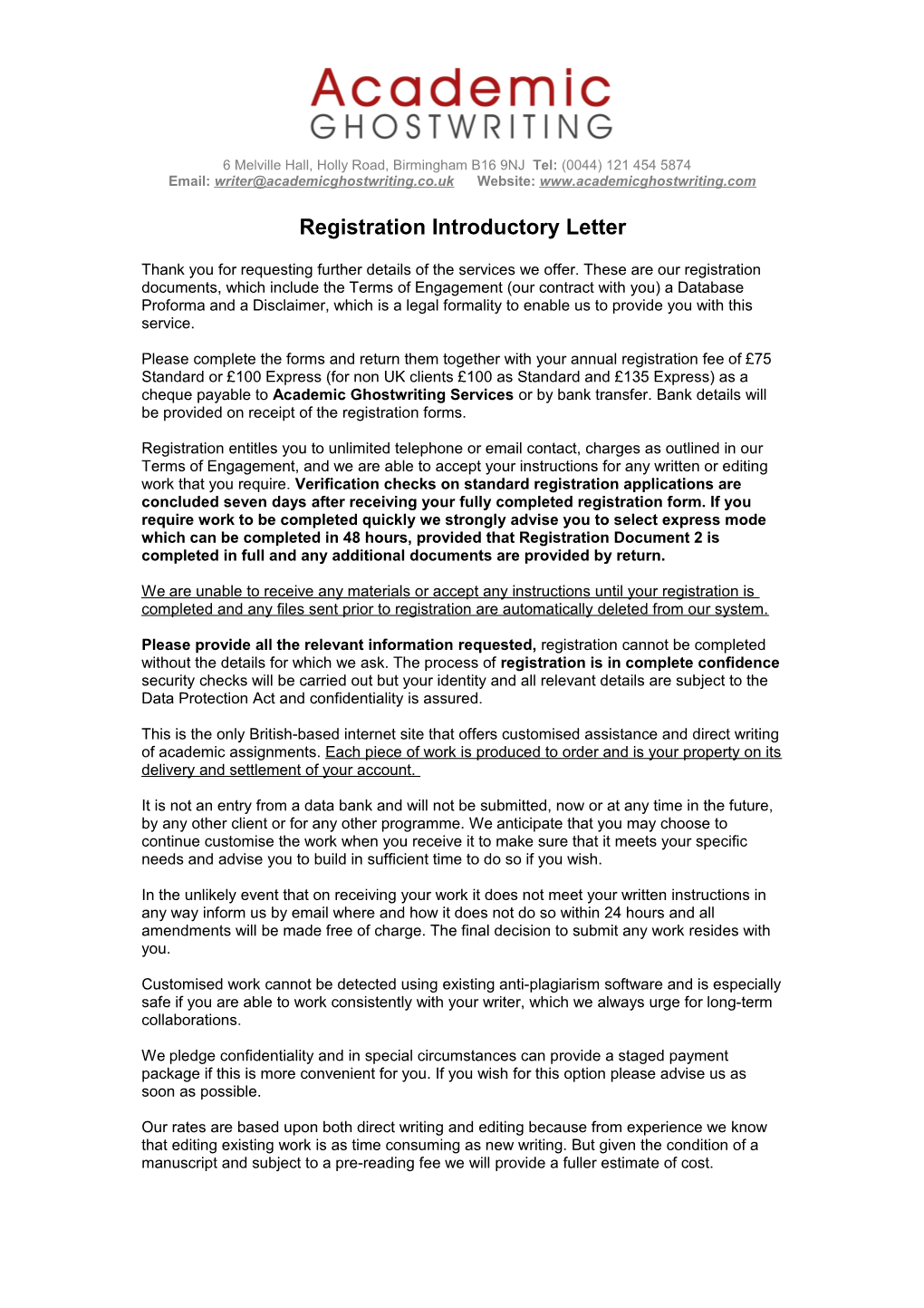 Registration Introductory Letter