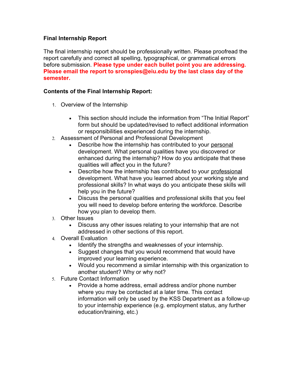 Contents of the Final Internship Report