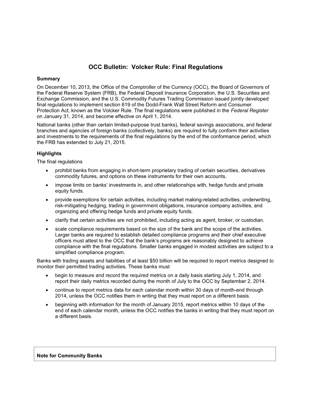 OCC Bulletin: Volcker Rule: Final Regulations