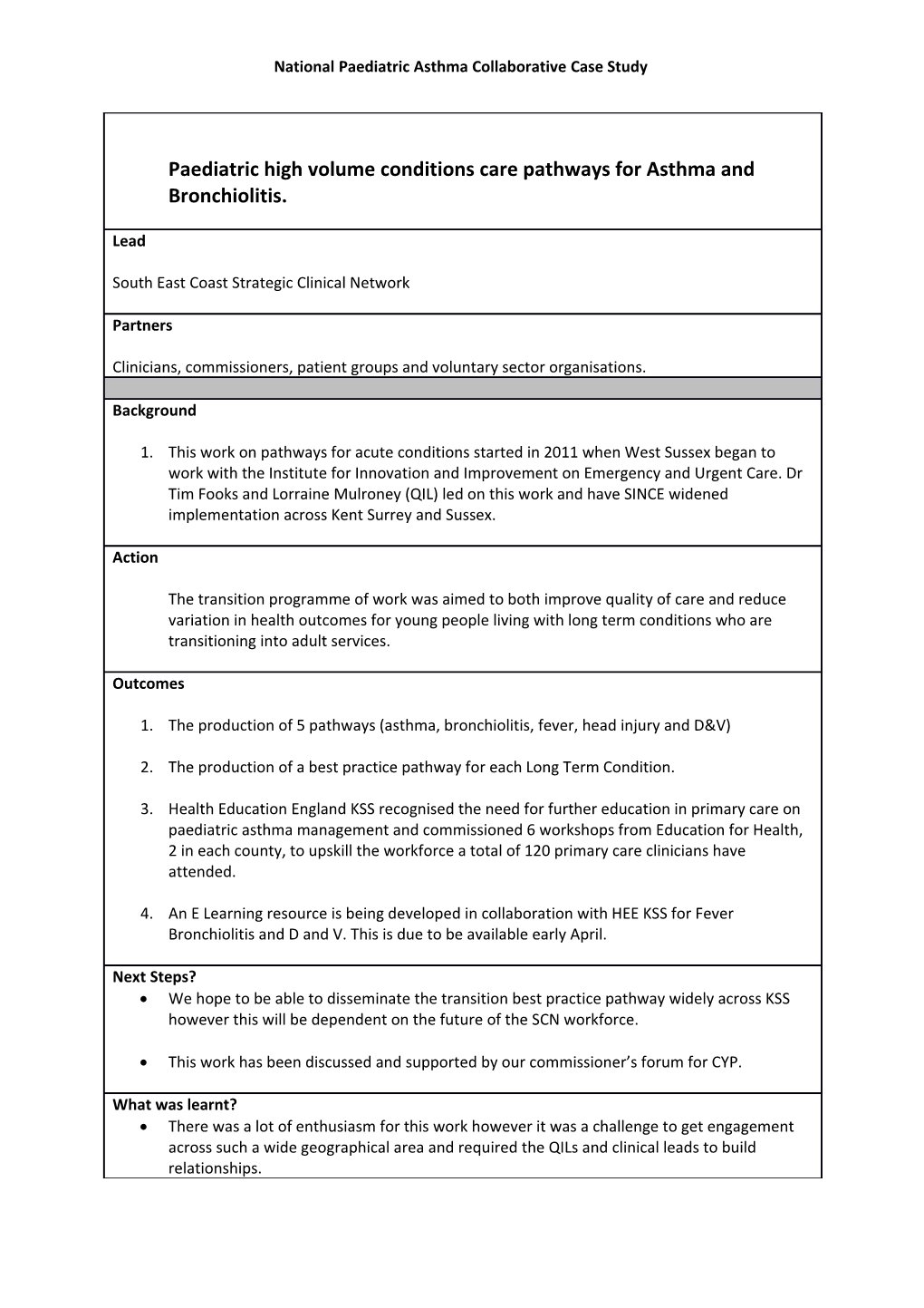 National Paediatric Asthma Collaborative Case Study