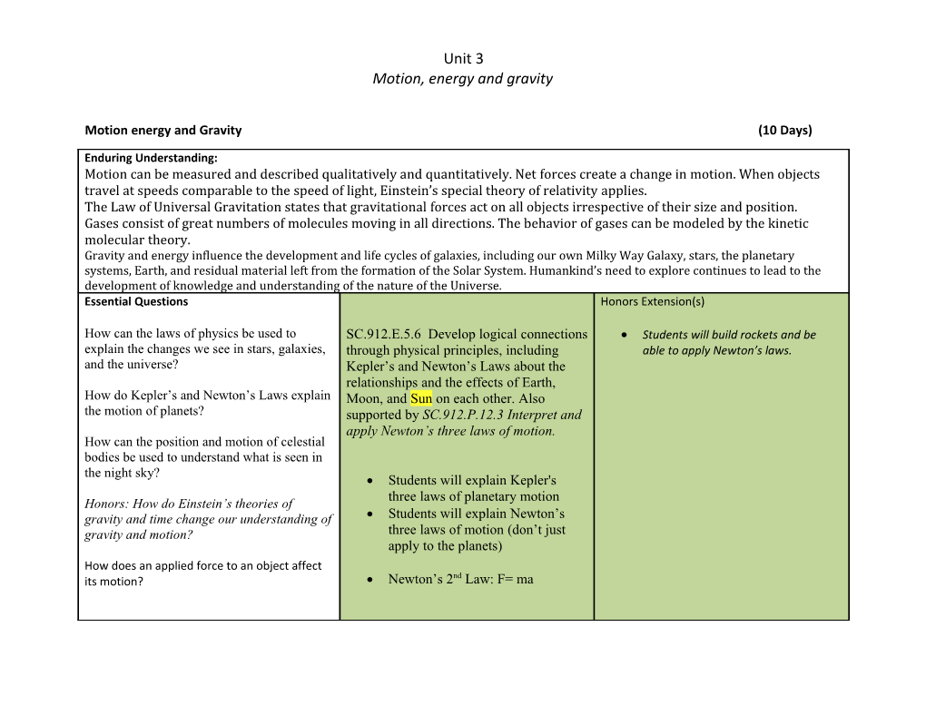 Motion Energy and Gravity (10 Days)