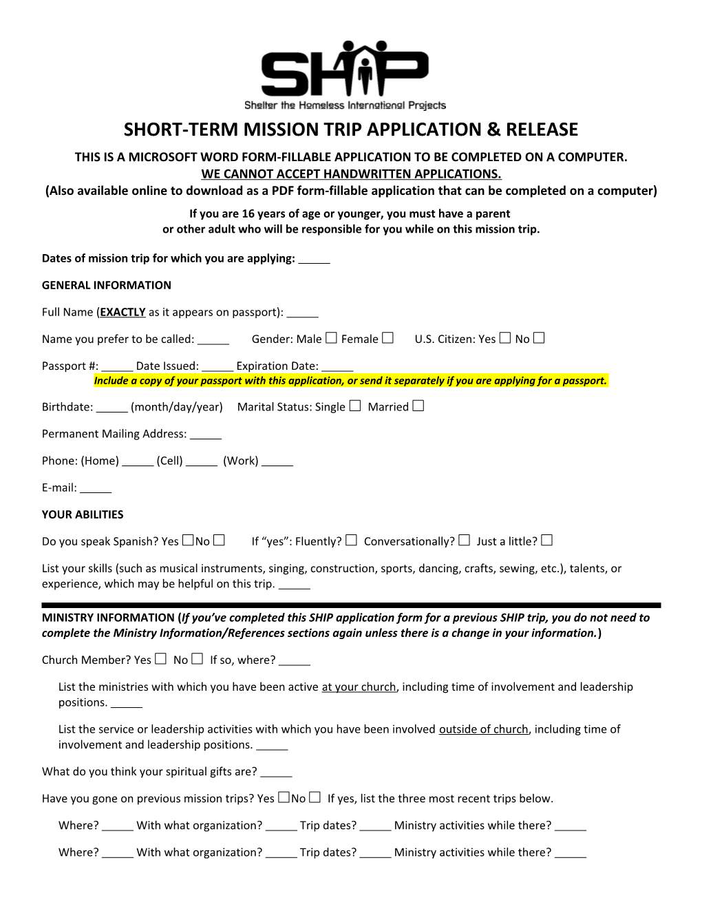 Short-Term Mission Trip Application & Release