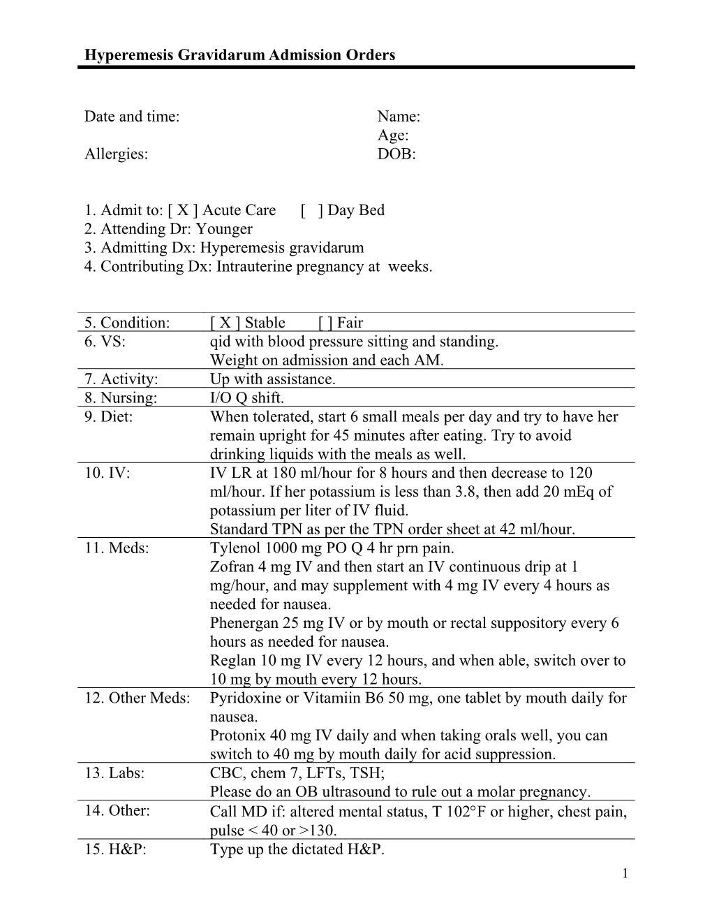 Hyperemesis Gravidarum Admission Orders