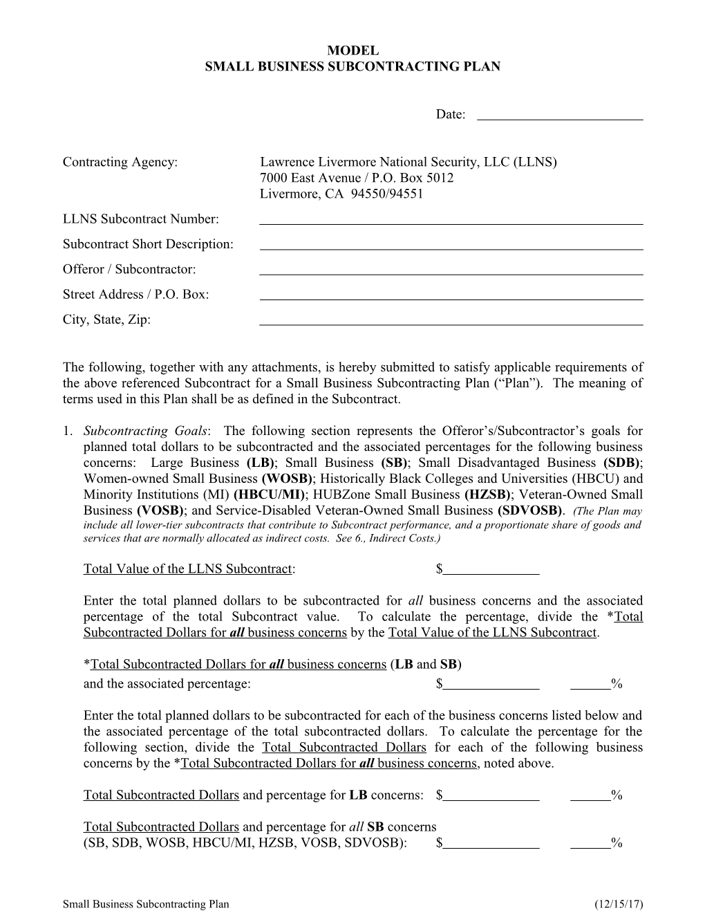 Subcontracting Plan-Model