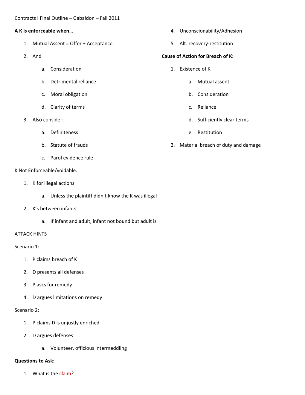 Contracts I Final Outline Gabaldon Fall 2011