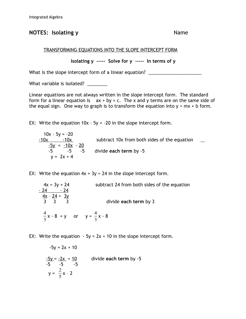 Writing Equations Into the Slope Intercept Form