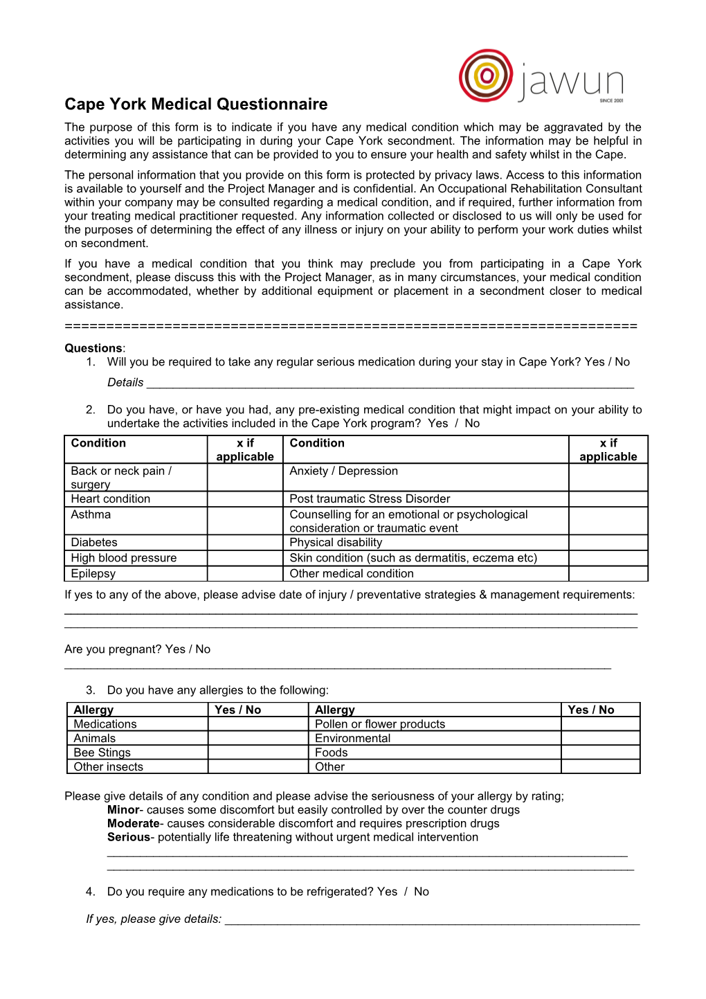 Cape York Medical Questionnaire