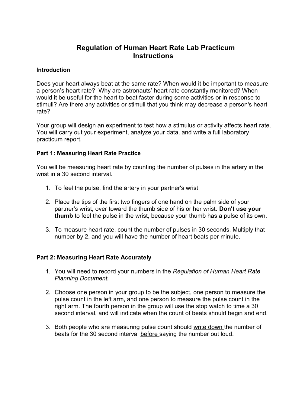 Regulation of Human Heart Rate Lab Practicum