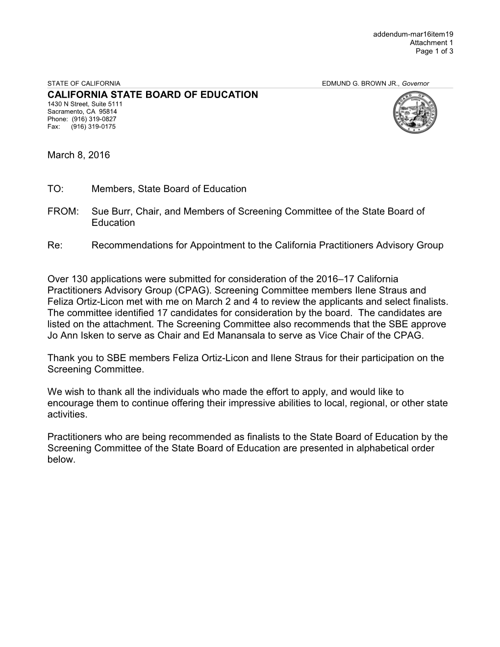 March 2016 Agenda Item 19 Addendum Attachment 1 - Meeting Agendas (CA State Board of Education)