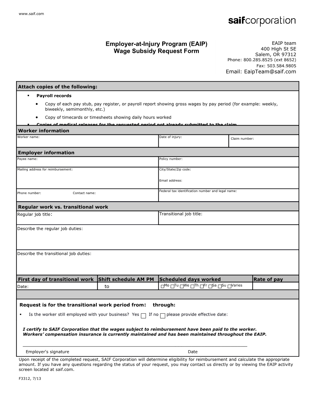 Employer-At-Injury Program (EAIP) Wage Subsidy Request Form