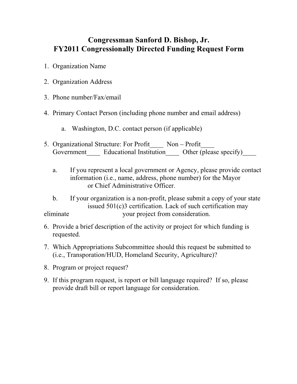 FY2011 Congressionally Directed Funding Request Form