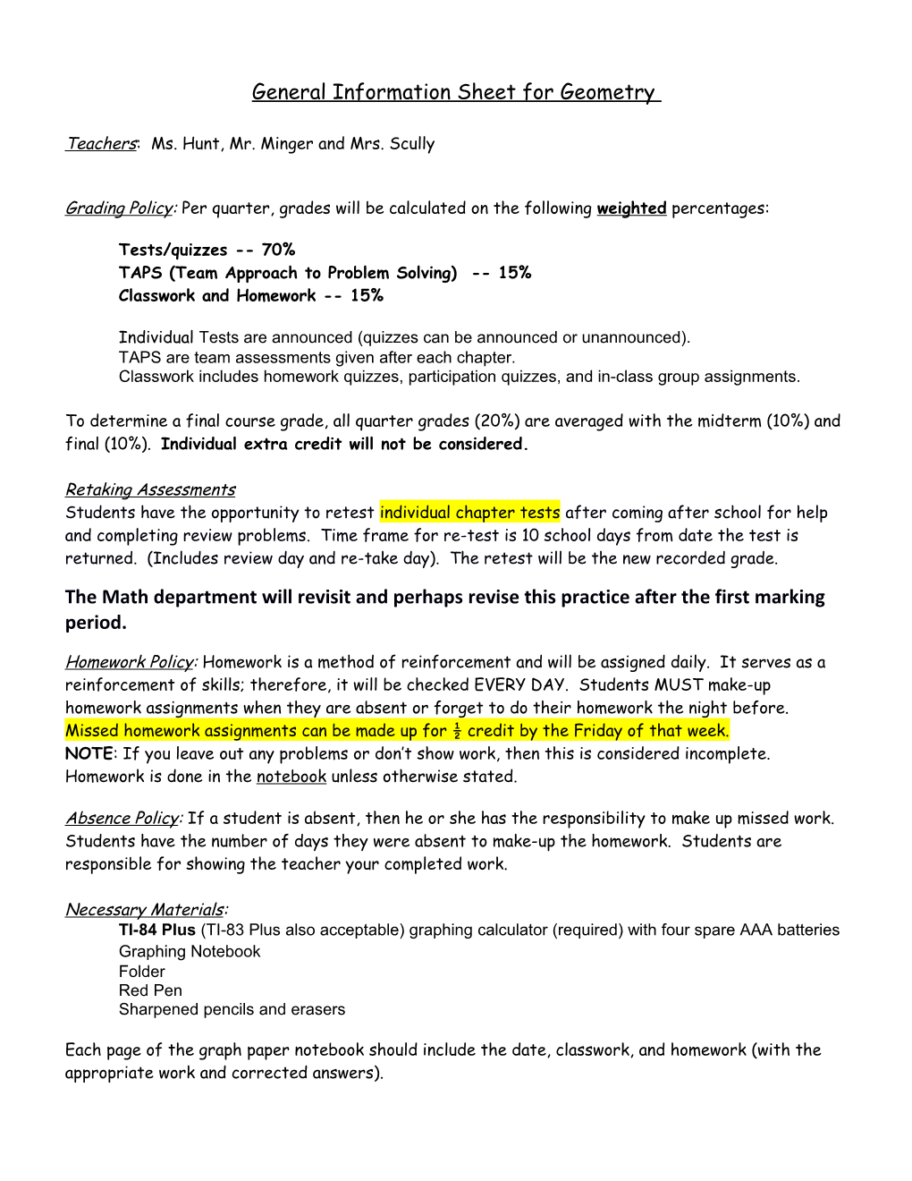 General Information Sheet 2013 - 2014 Geometry