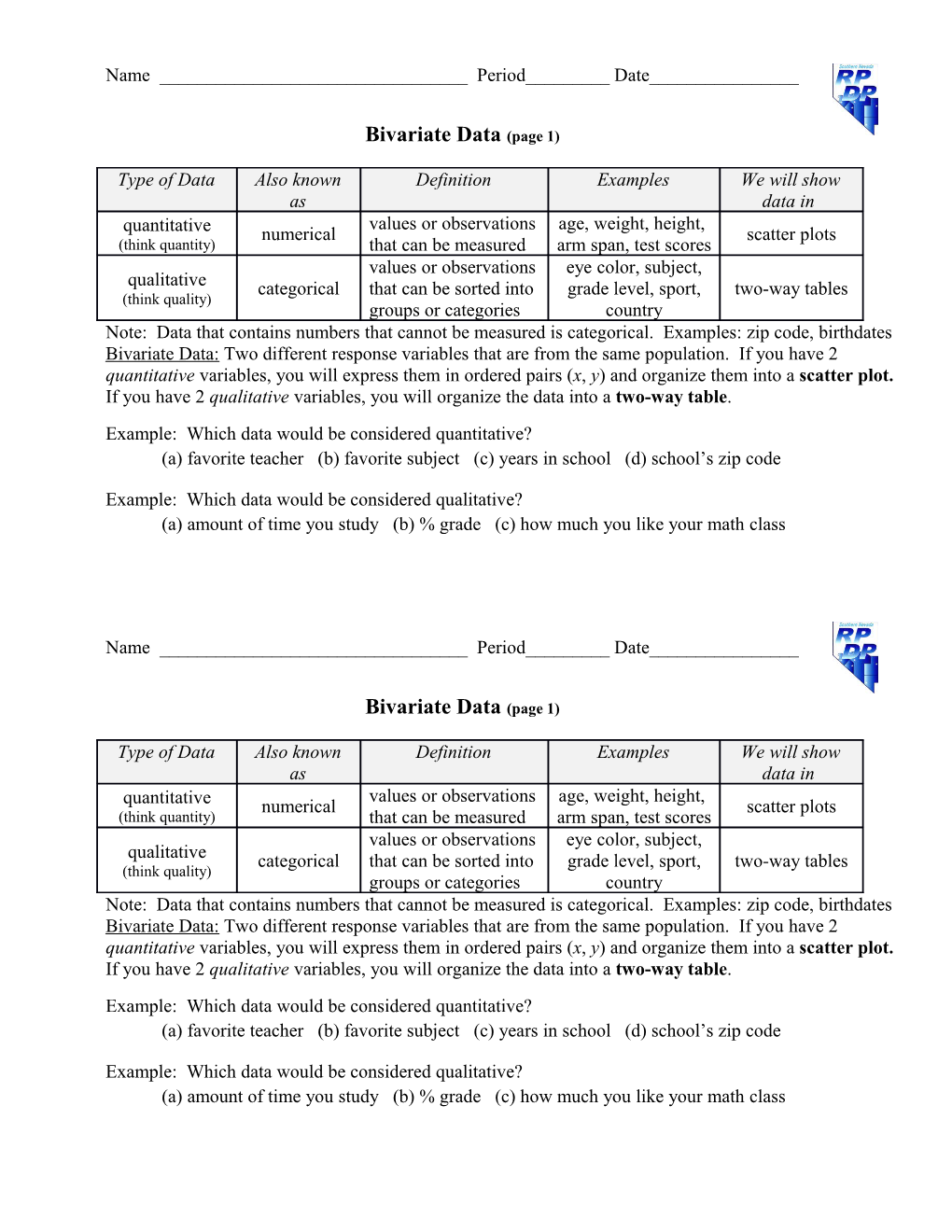 Bivariate Data (Page 1)