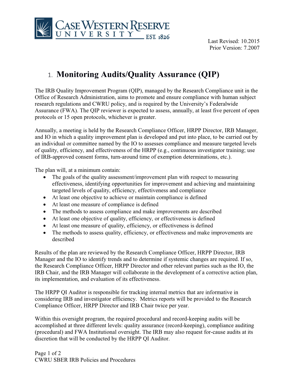 Monitoring Audits/Quality Assurance (QIP)