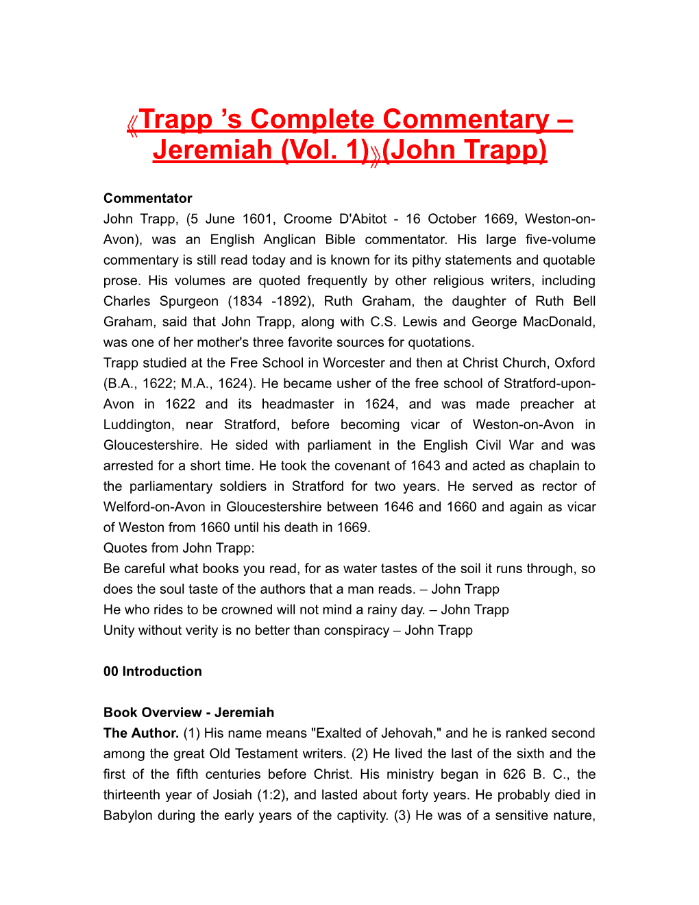 Trapp S Complete Commentary Jeremiah (Vol. 1) (John Trapp)