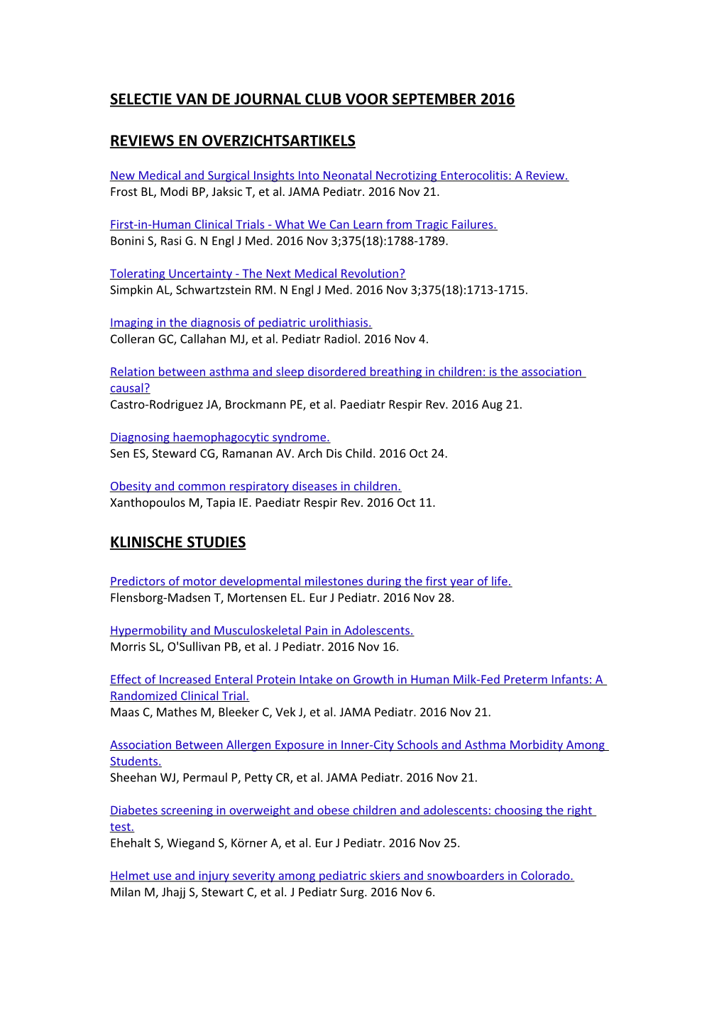 Selectie Van De Journal Club Voor September 2016