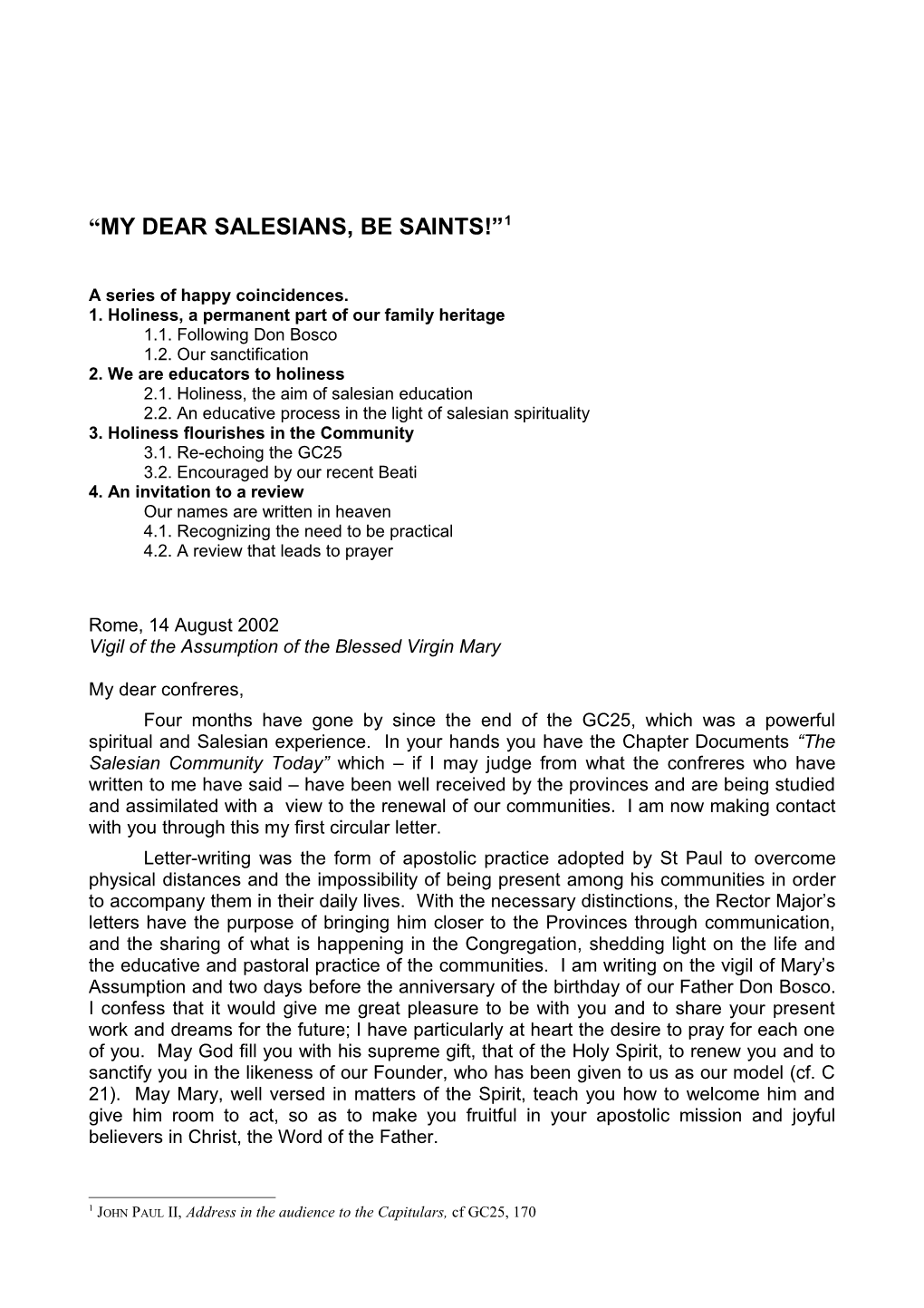 My Dear Salesians, Be Saints