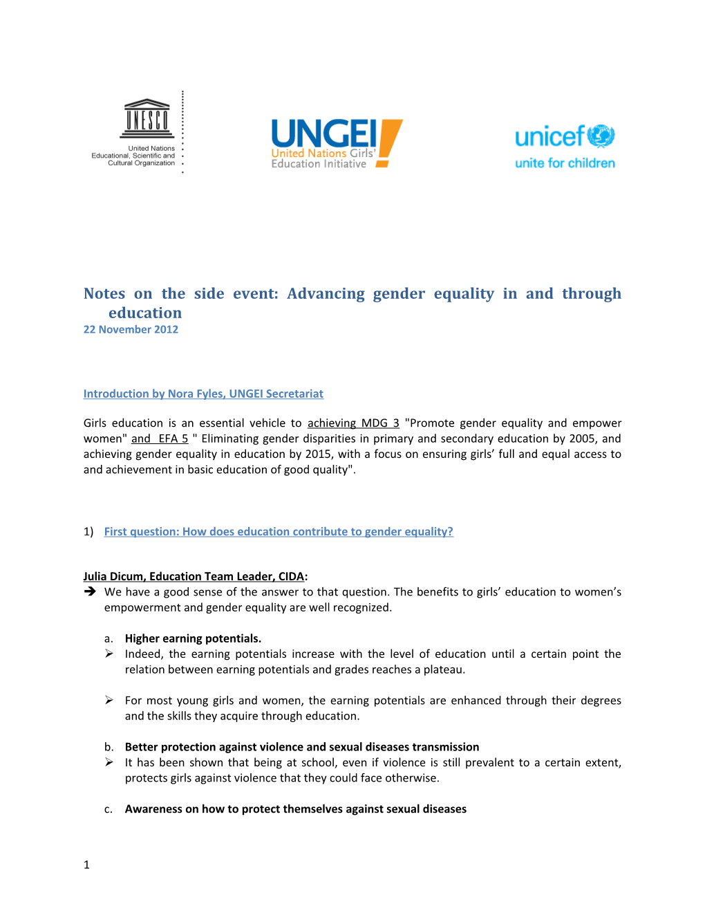 Notes Onthe Side Event: Advancing Gender Equality in and Through Education