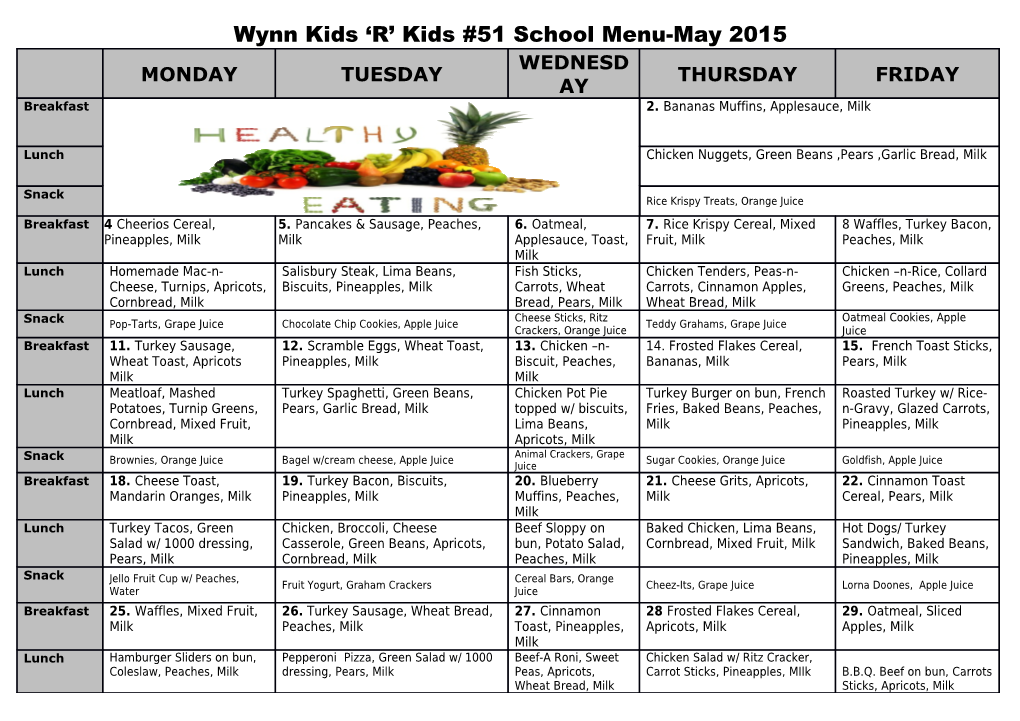 Wynn Kids R Kids #51 School Menu-May 2015