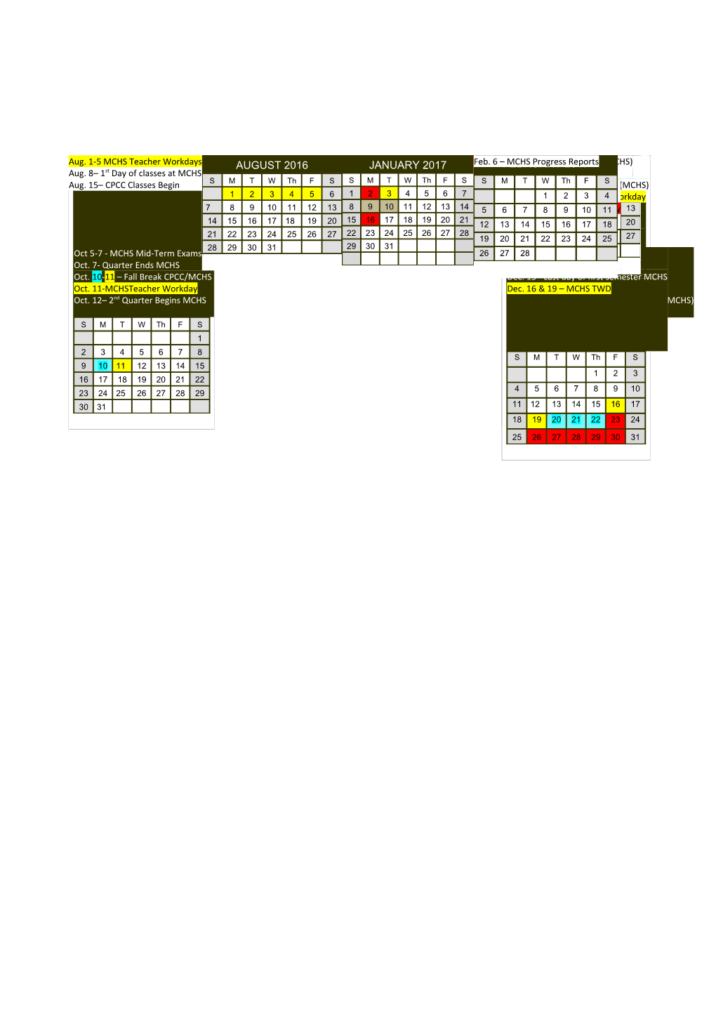 CMS Middle College High School Academic Calendar 2016-2017