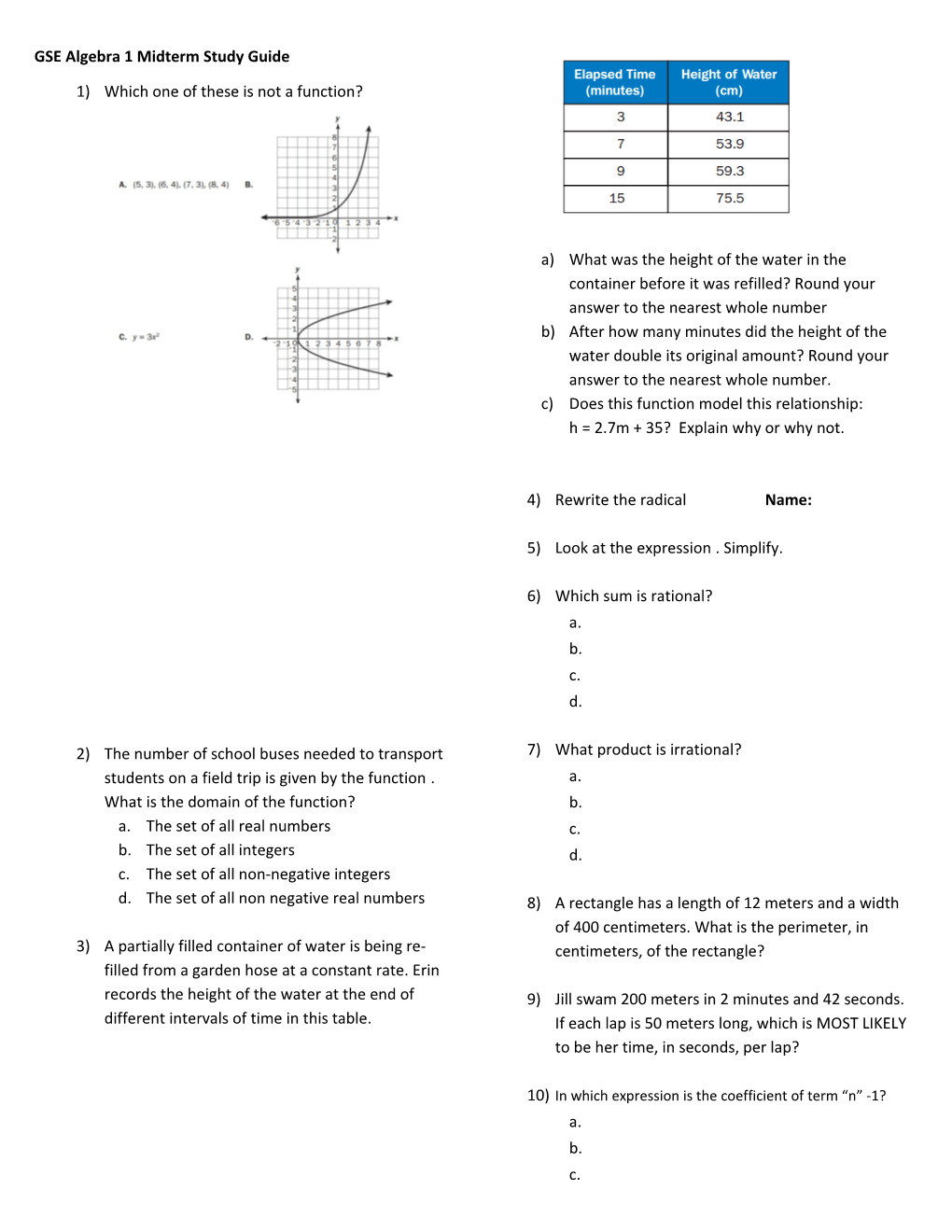 GSE Algebra 1 Midterm Study Guide