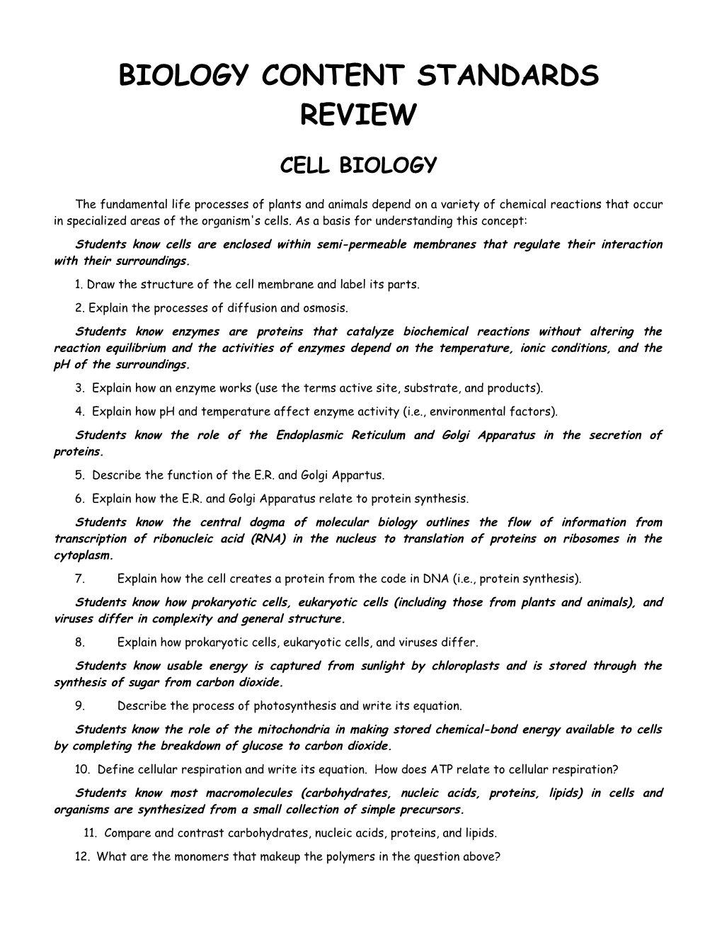 Biology Content Standards Review