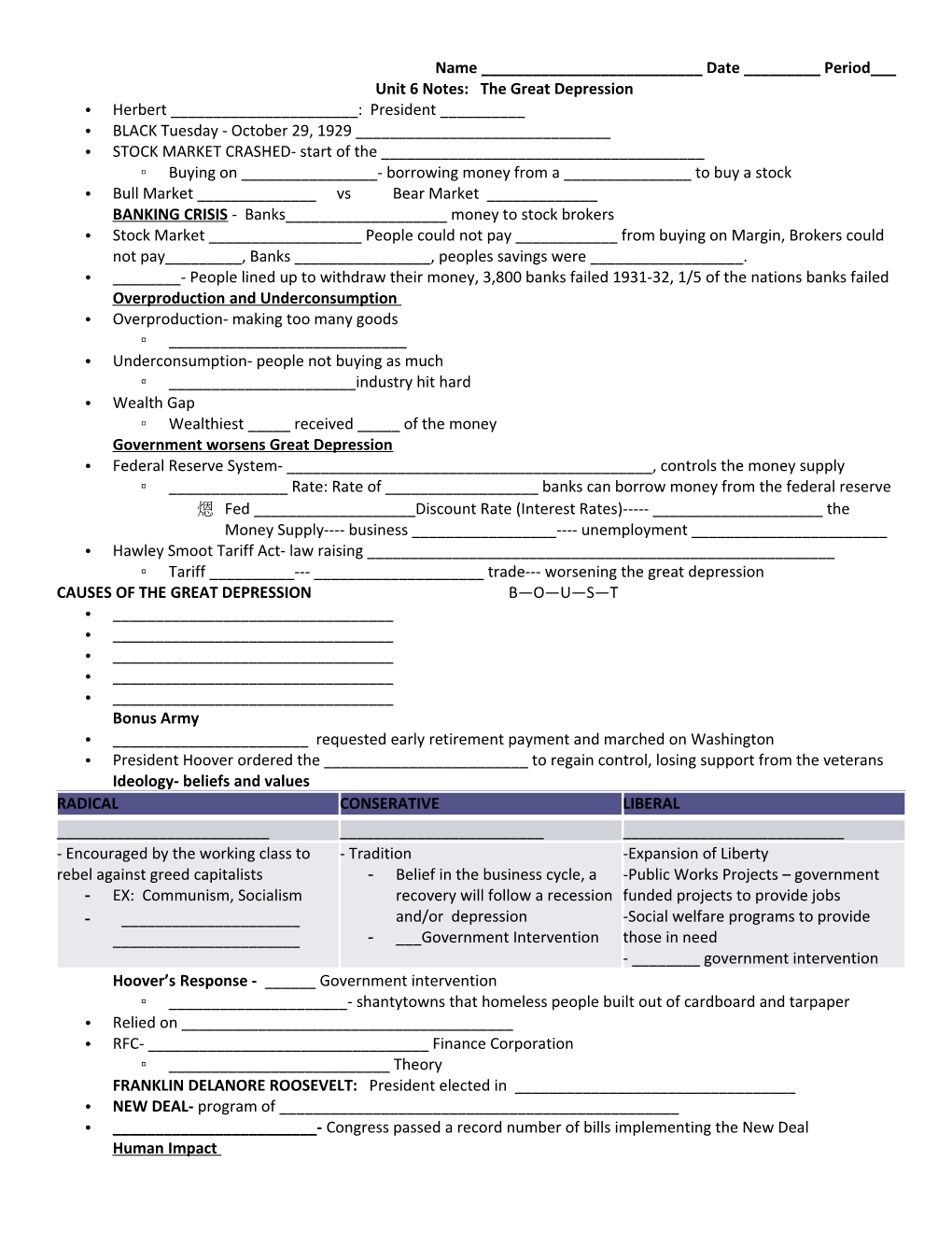 Unit 6 Notes: the Great Depression