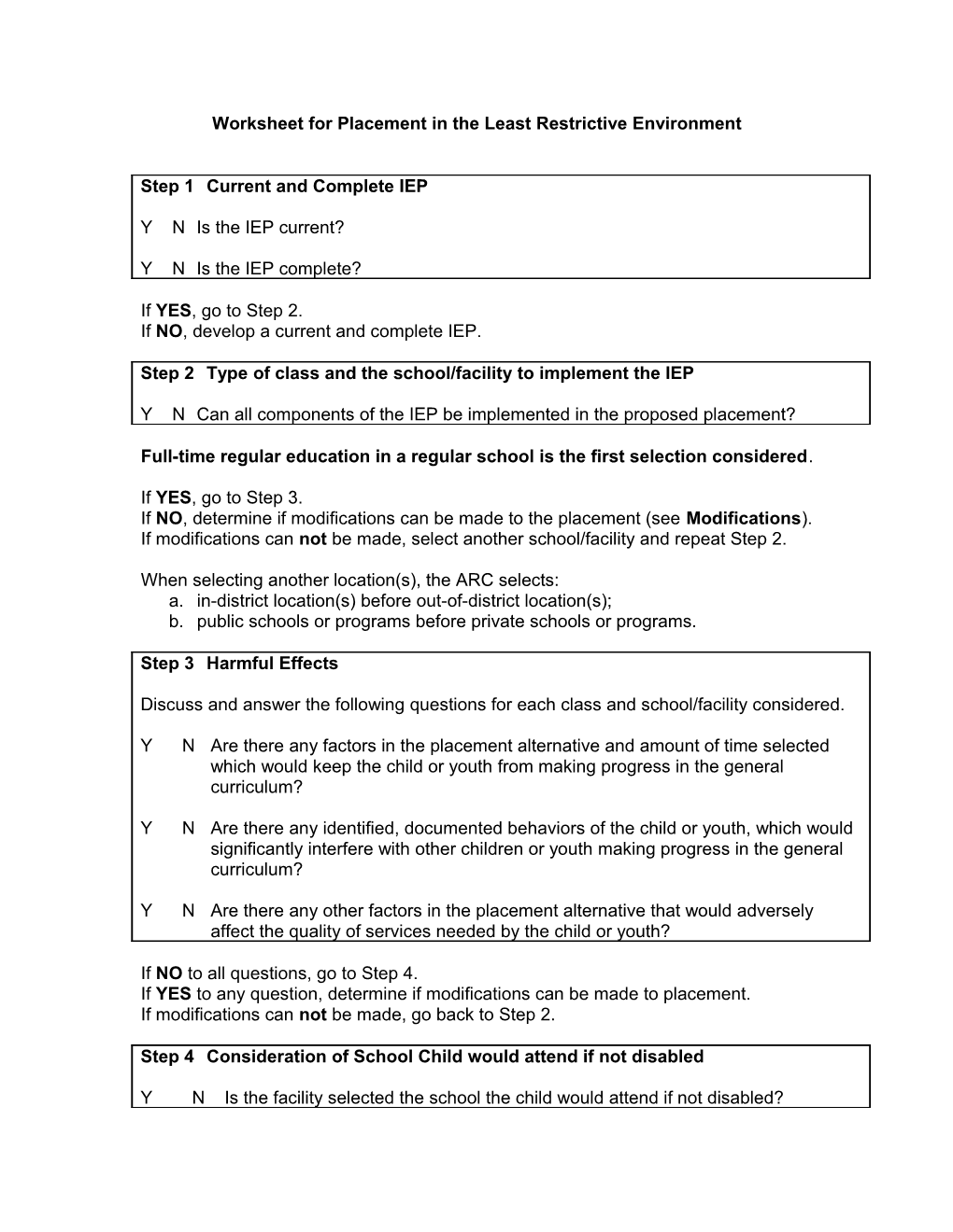 Worksheet for Placement in the Least Restrictive Environment