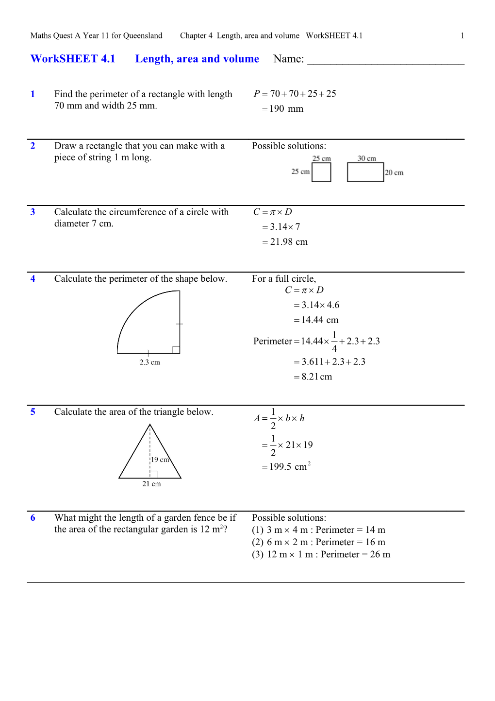 Maths Quest a Year 11 for Queenslandchapter 4 Length, Area and Volume Worksheet 4.11