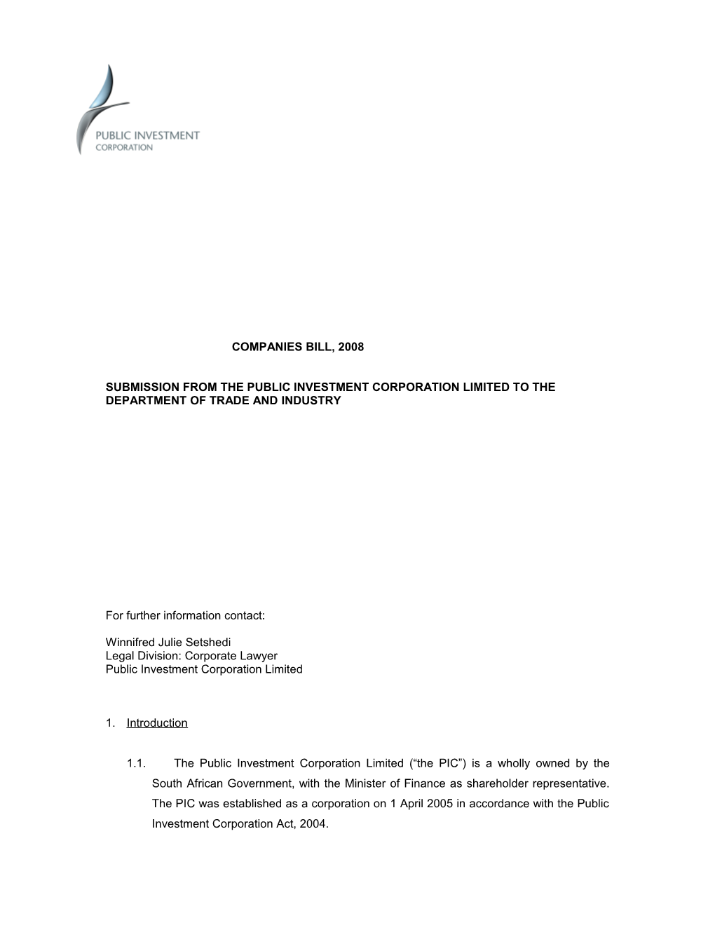 Submission from the Public Investment Corporation Limited to the Department of Trade And