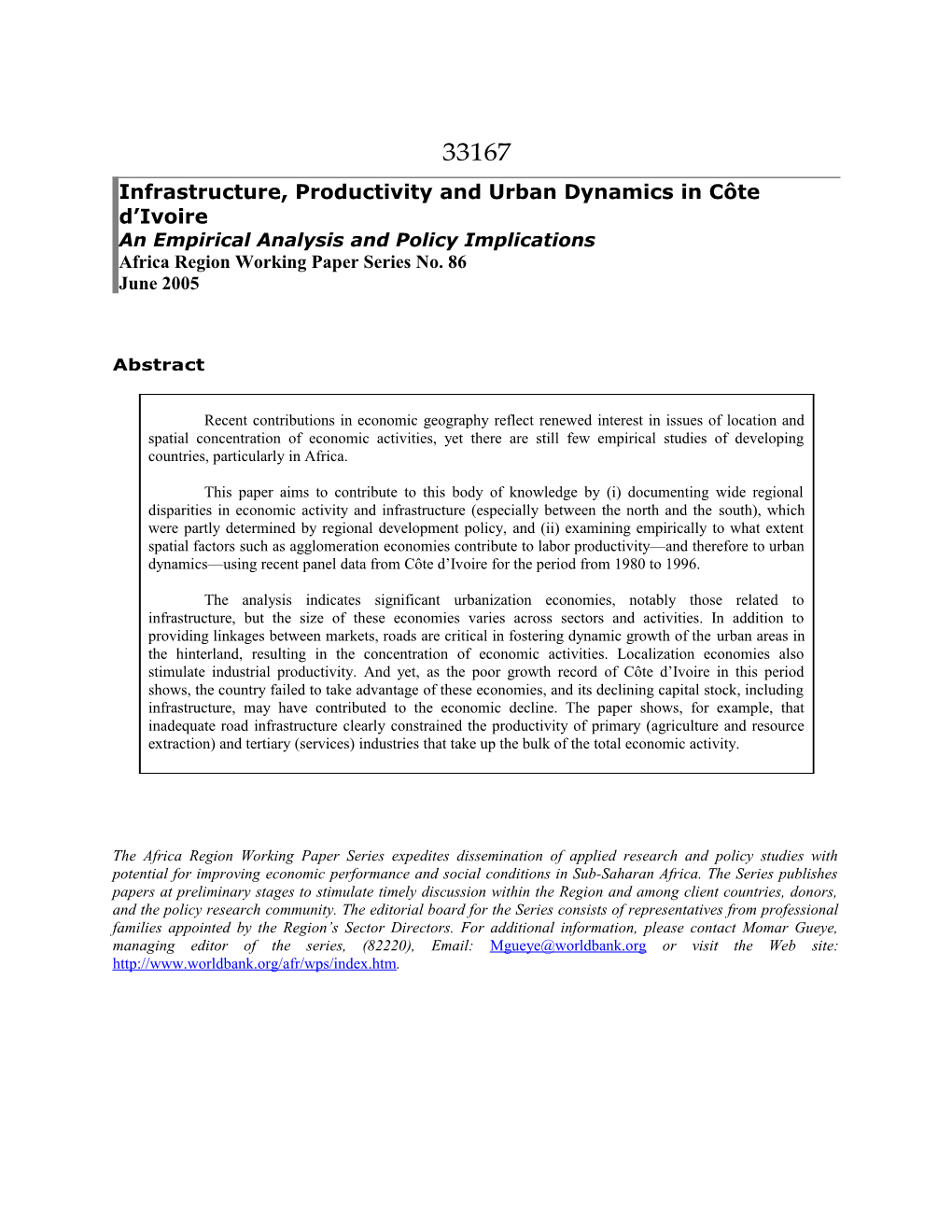 Infrastructure, Productivity and Urban Dynamics in Côte D Ivoire