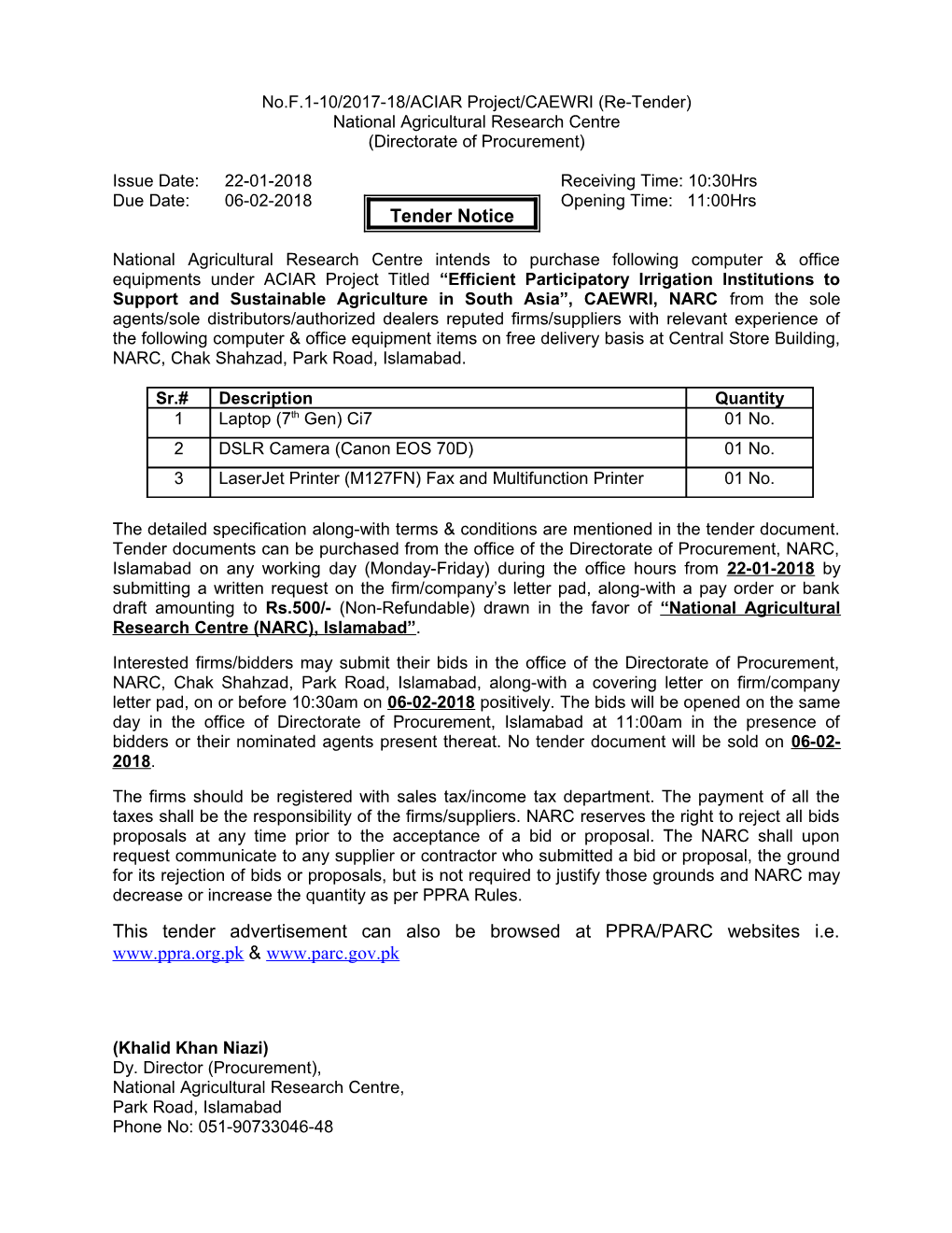 No.F.1-10/2017-18/ACIAR Project/CAEWRI (Re-Tender)