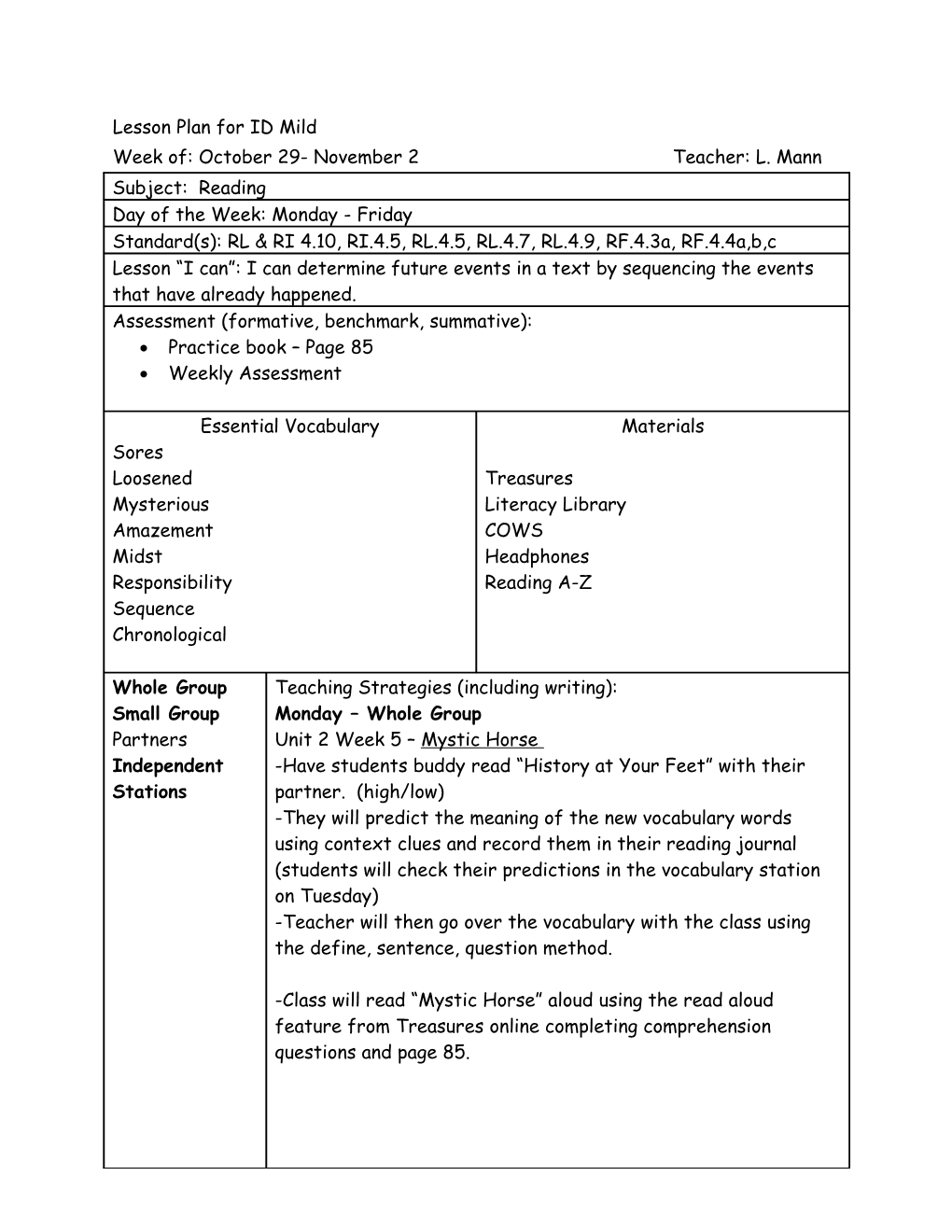 Lesson Plan for ID Mild