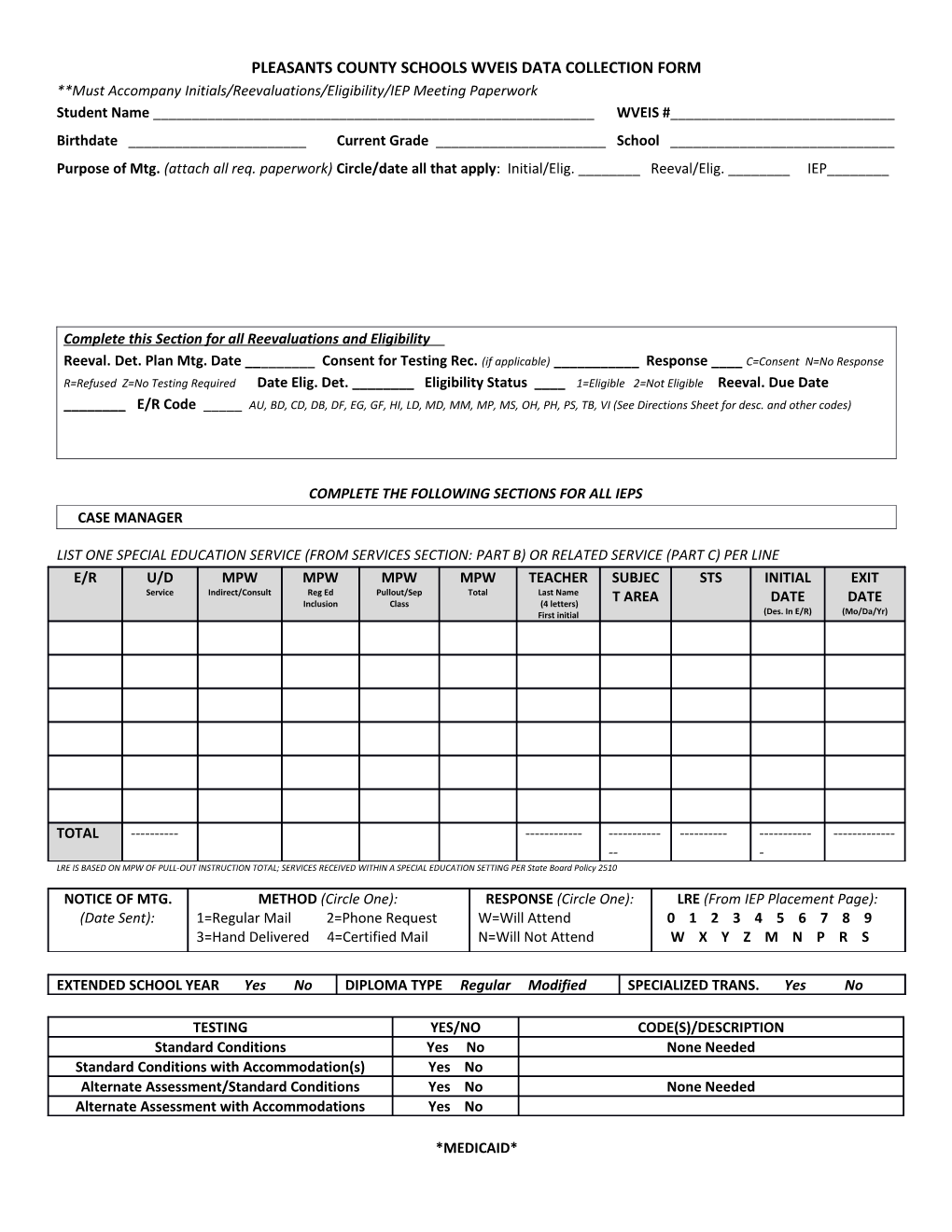 Pleasants County Schools Wveis Data Collection Form