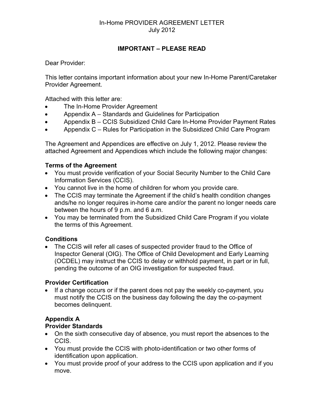 Relative/Neighbor Provider Agreement Cover Letter