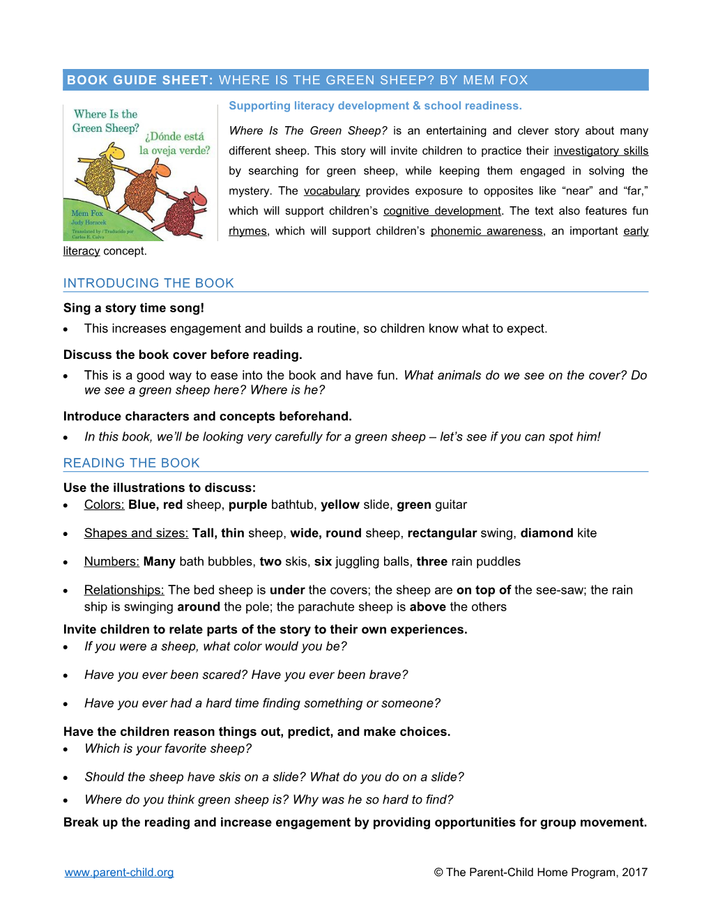 BOOK GUIDE Sheet: Where Is the Green Sheep? by Mem Fox