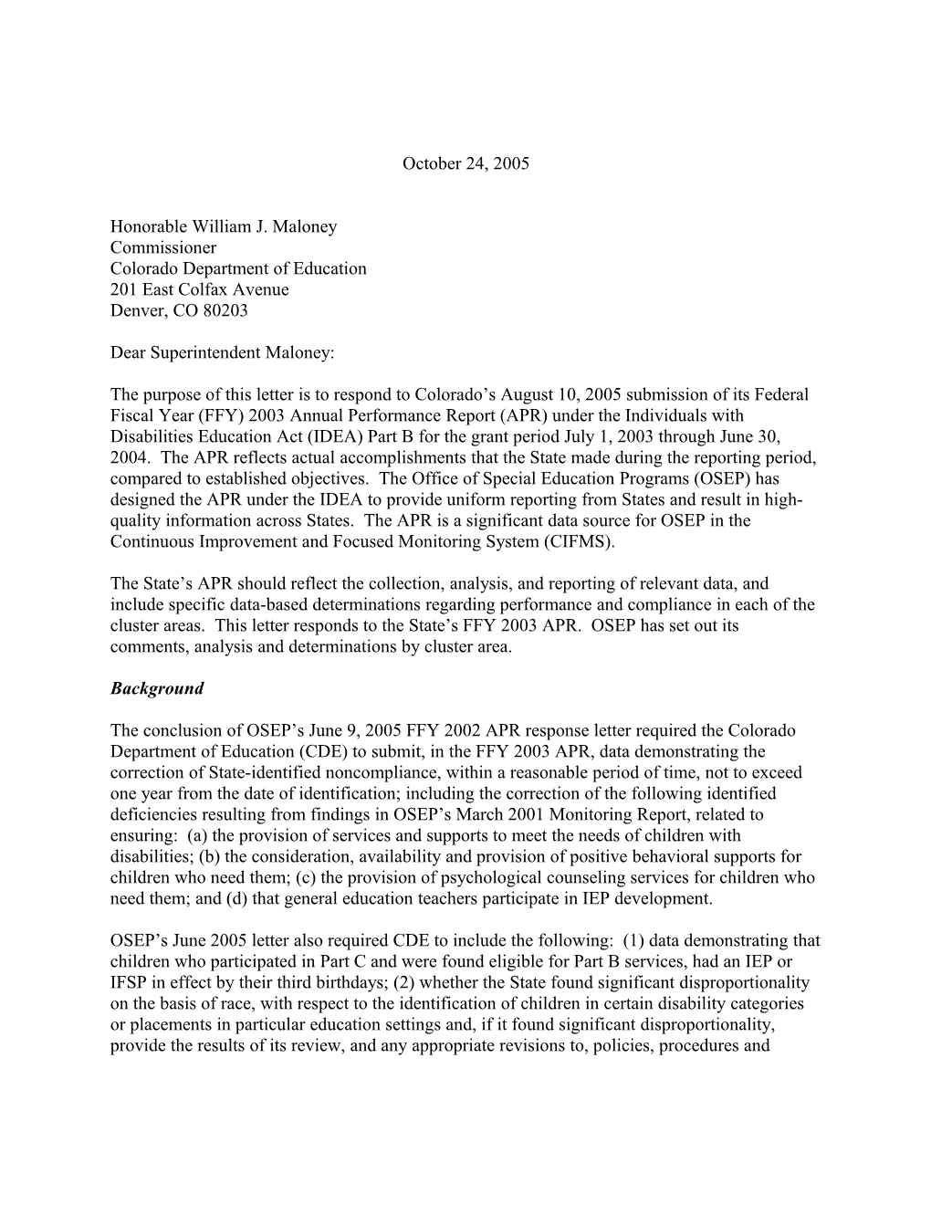 Colorado Part B APR Letter for Grant Year 2003-2004 (Msword)