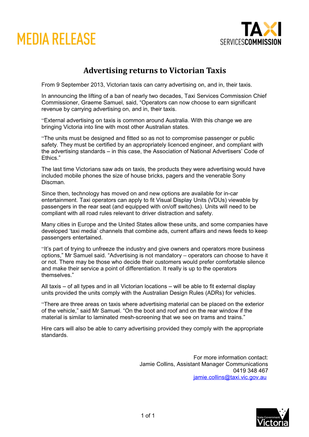 Advertising in Taxis - Media Release