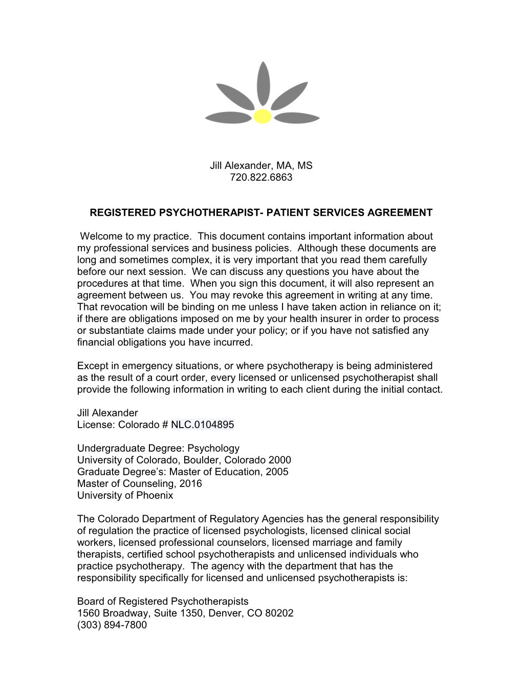 Registered Psychotherapist- Patient Services Agreement