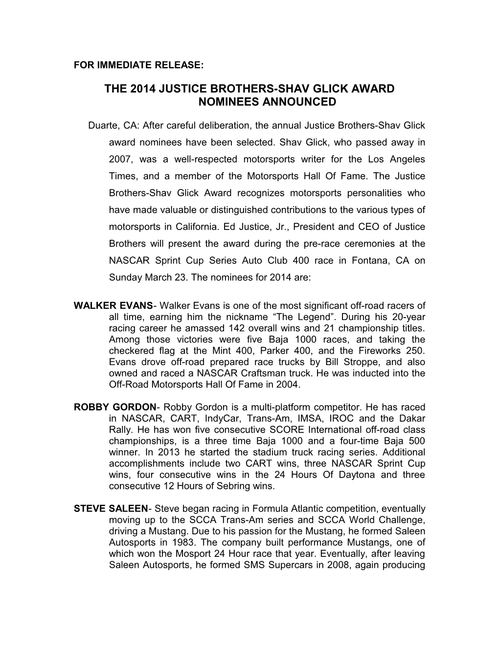 Duarte, CA: It S Time Again for the Annual Justice Brothers-Shav Glick Award Nominations