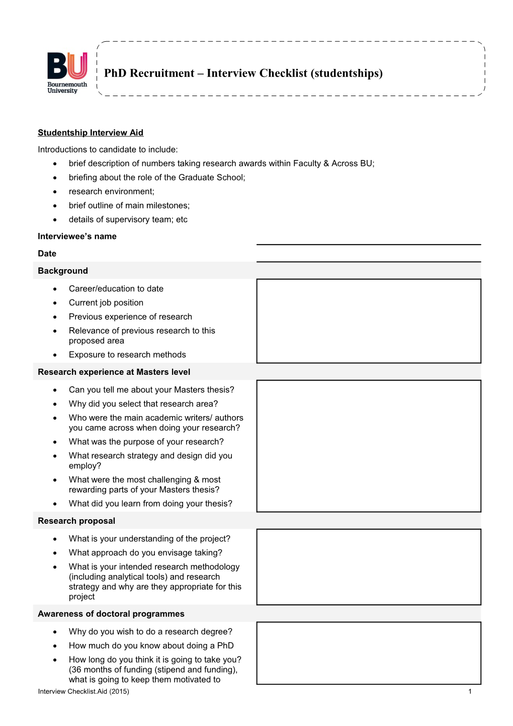 Interview Checklist 2015 for Non-Clinical Projects