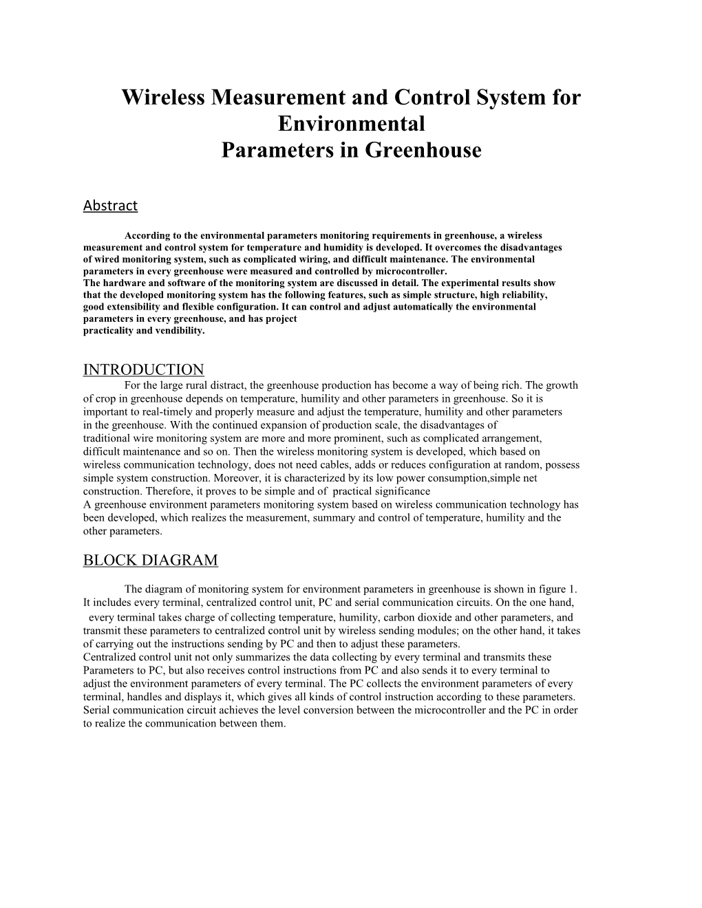 Wireless Measurement and Control System for Environmental