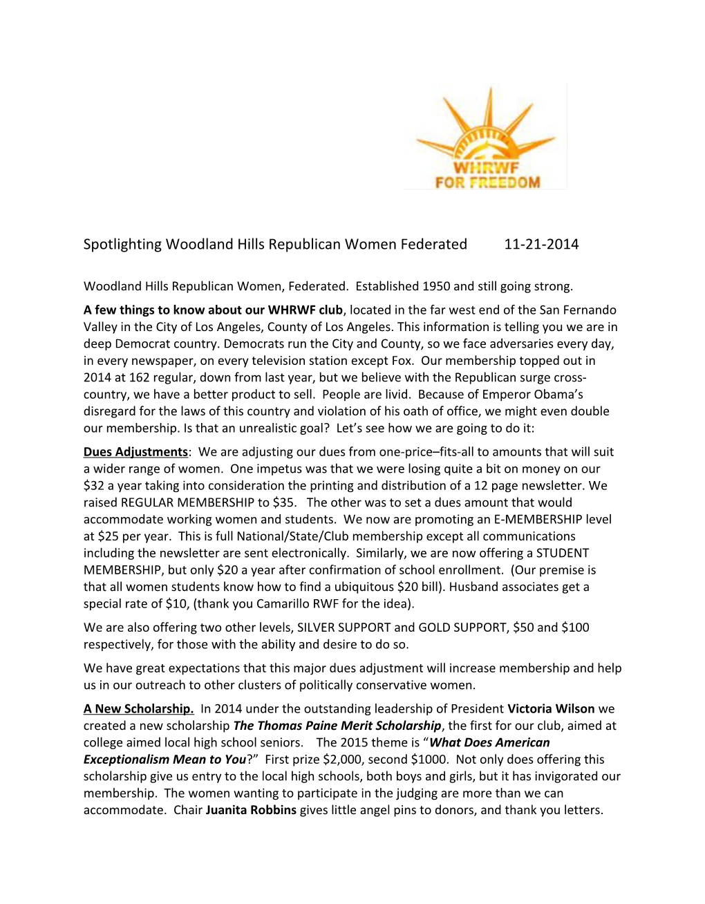 Spotlighting Woodland Hills Republican Women Federated 11-21-2014