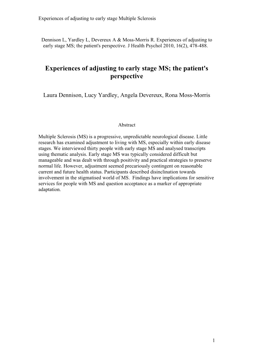 Experiences of Adjusting to Early Stage Multiple Sclerosis