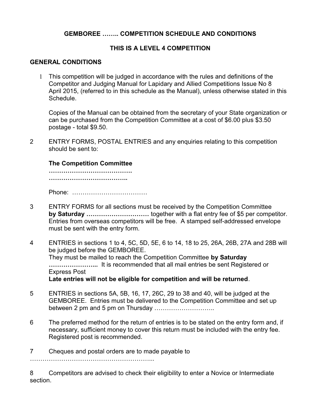 Gemboree Competition Schedule and Conditions