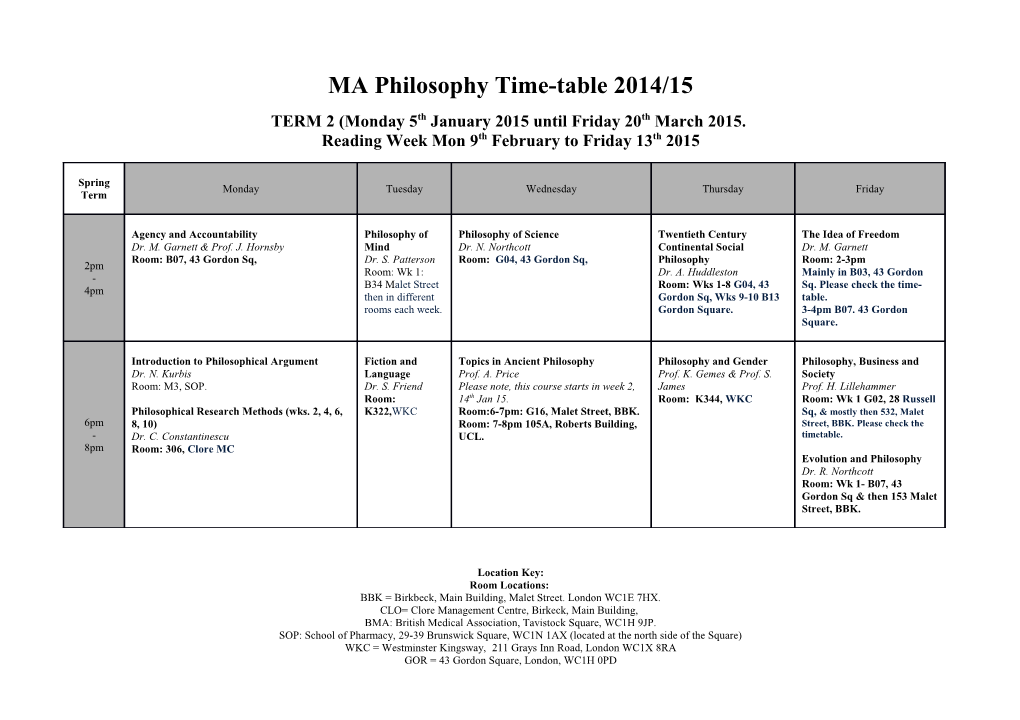 MA Philosophy Time-Table 2014/15