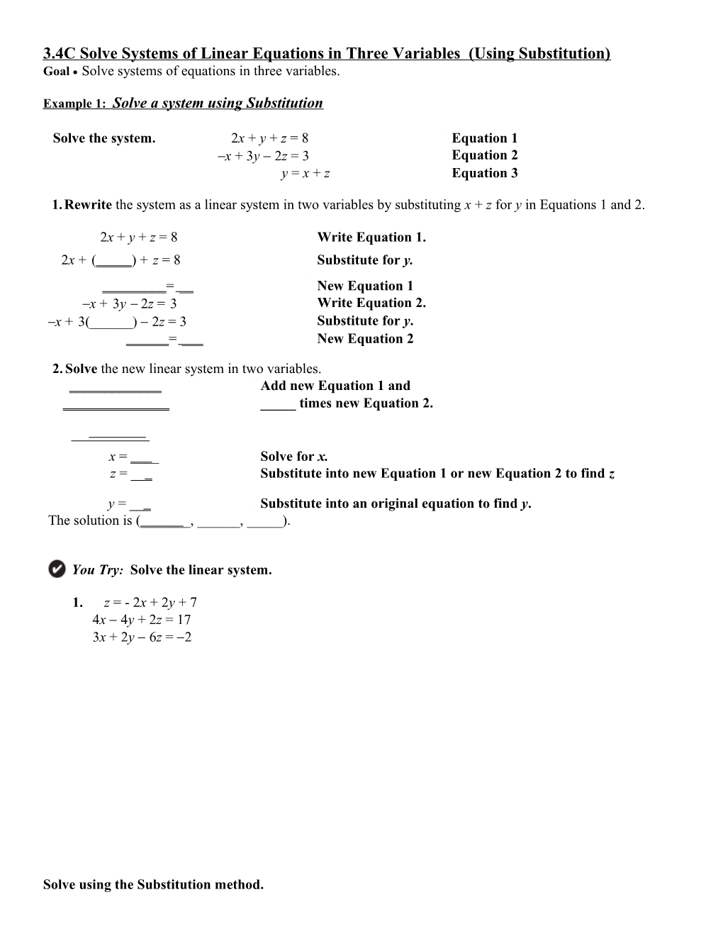 3.4C Solve Systems of Linear Equations in Three Variables (Using Substitution)